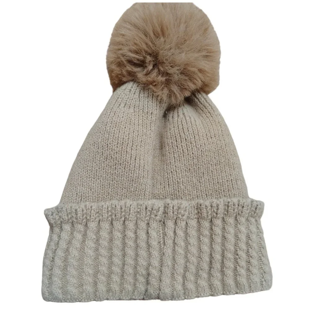 Womens Knit Pom-Pom Beanie‎ OS Tan Brown Fleece Lined Winter Ski Lodge Normcore